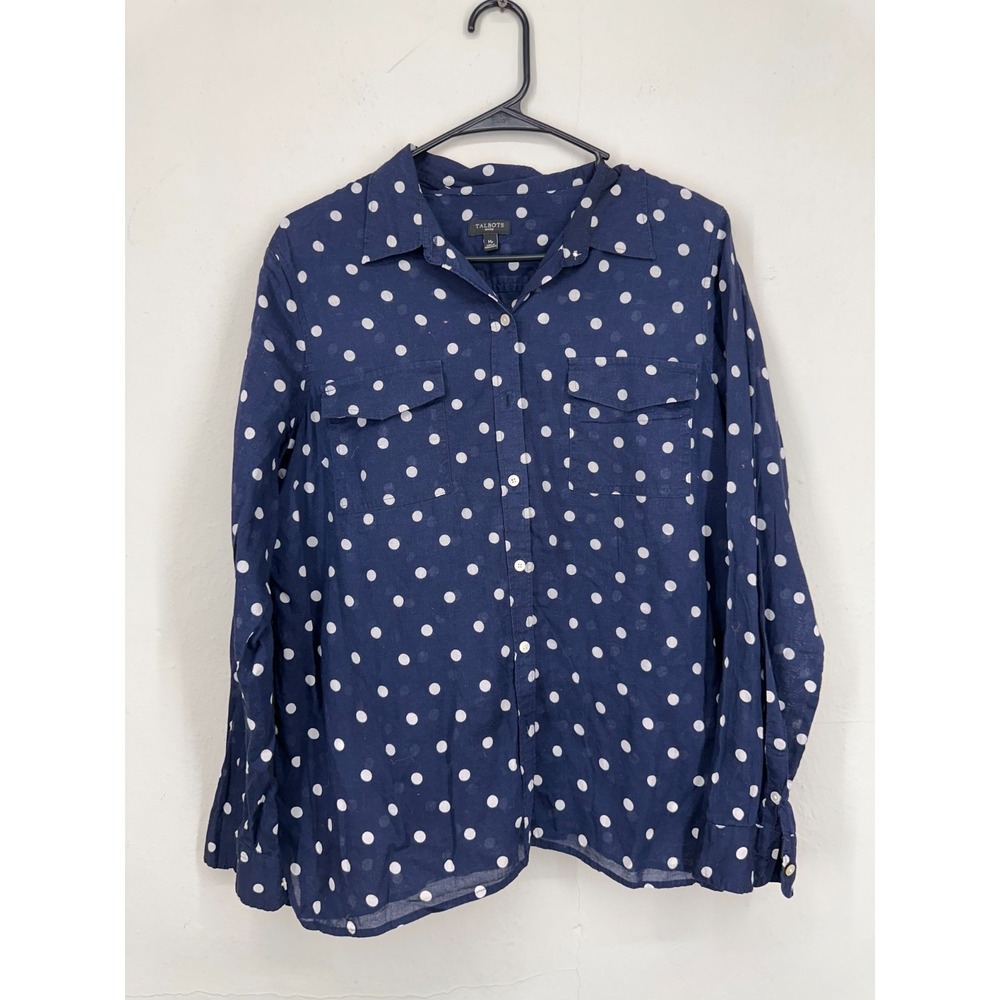 Talbots Shirt Womens Petite MEDIUM Blue Polka Dot Lightweight Collared Button Up